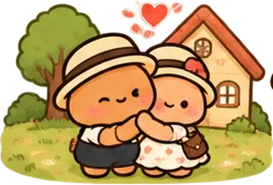 The couple hugging outside their little house