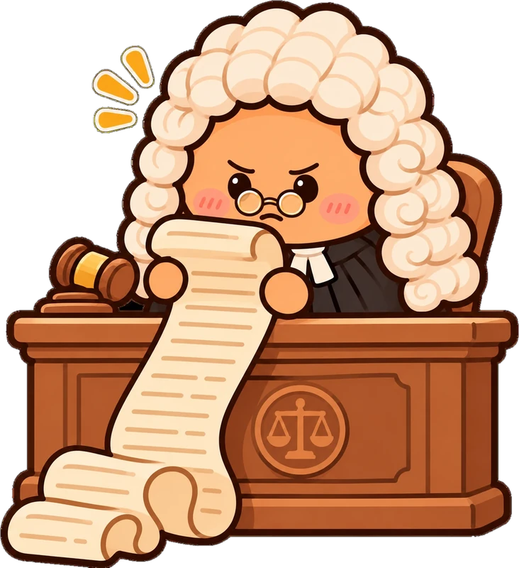 The judge frowning at a very long paper scroll