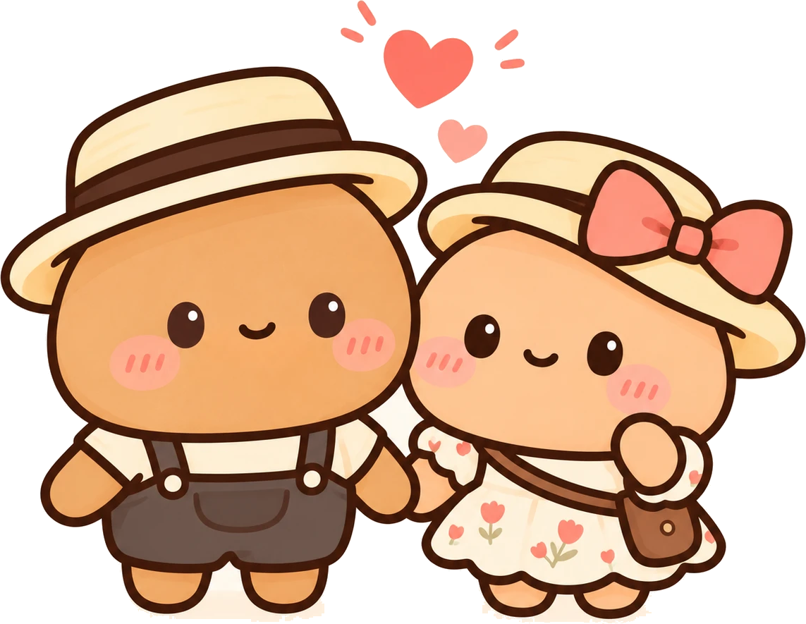 Two round characters in straw hats holding hands, with hearts above them