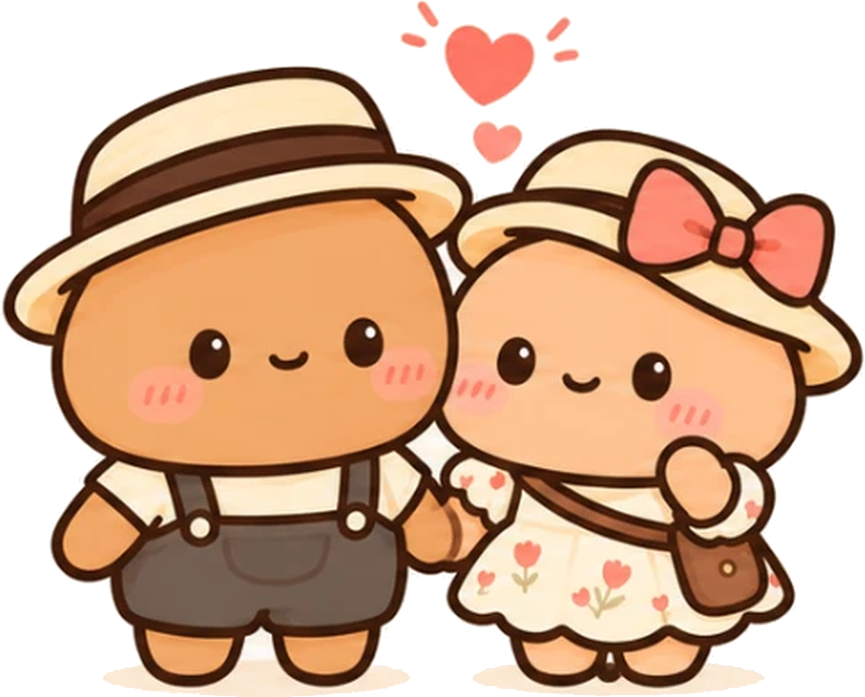 The couple in straw hats, overalls and a floral dress